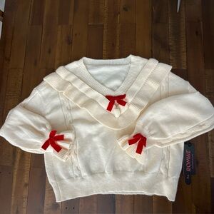 ROMWE Ivory Cardigan Sweater Bow Ruffle Puff Sleeve Boho sz L NEW vintage-look